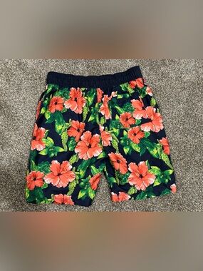 Goodfellow: men’s: Bkack Floral Swim Trunks with Coral Hibiscus Print Size (m)